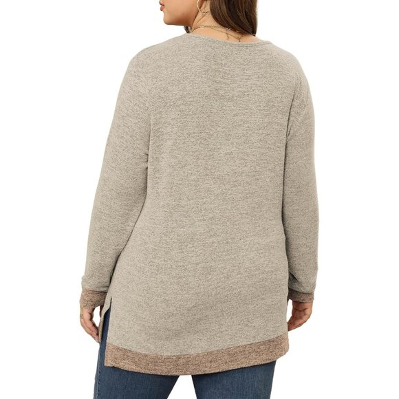 Plus Size Womens Sweatshirt Long Sleeve Lace Trim V Neck Color Block - Picture 2 of 4